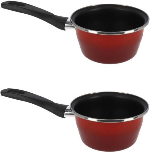 Shoppartners Set Van 2x Stuks Steelpan/sauspan Rood Anti Aanbaklaag 14 Cm - Steelpannen