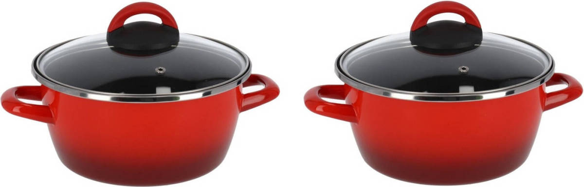 Shoppartners Set Van 2x Stuks Rvs Rode Kookpan/pan Met Glazen Deksel 20 Cm 5 Liter - Kookpannen