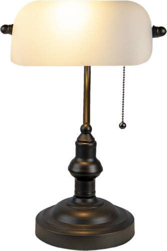 Clayre & Eef Lumilamp Bureaulamp Bankierslamp Ø 27*40 Cm E27/max 1*60w Wit, Bruin Metaal, Glas Rechthoek Tafellamp Wit Tafellamp