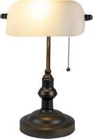 Clayre & Eef Lumilamp Bureaulamp Bankierslamp Ø 27*40 Cm E27/max 1*60w Wit, Bruin Metaal, Glas Rechthoek Tafellamp Wit Tafellamp