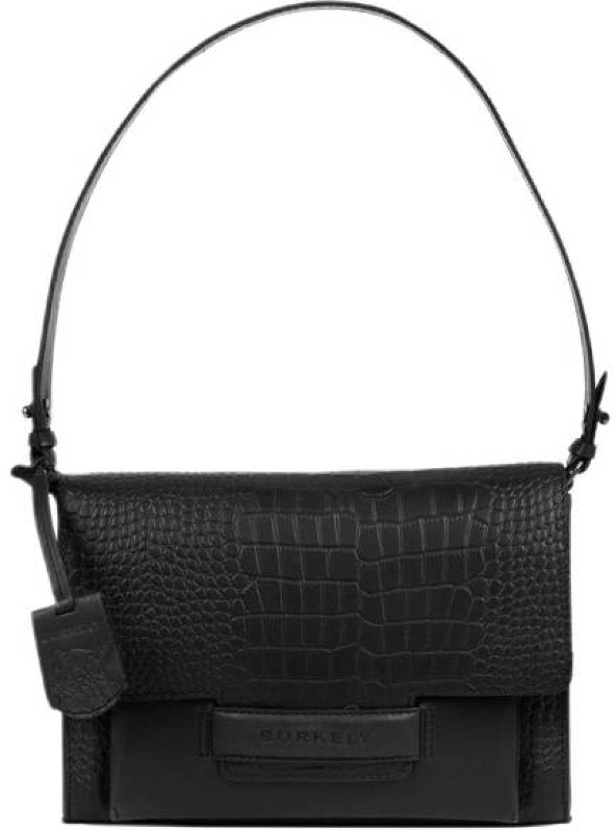Burkely leren schoudertas Casual Carly met crocoprint zwart