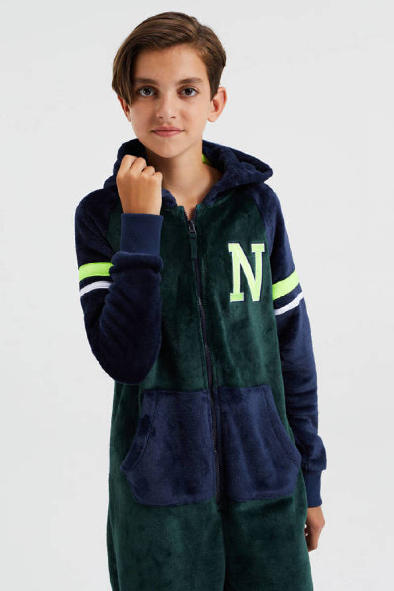 WE Fashion onesie donkergroen/donkerblauw
