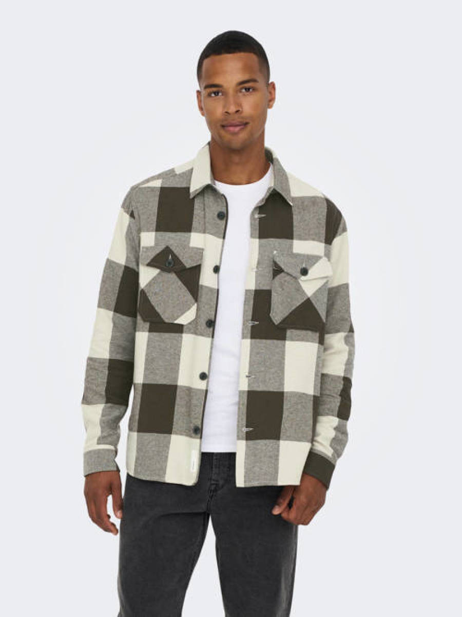 ONLY & SONS geruit regular fit overshirt ONSMILO seal brown