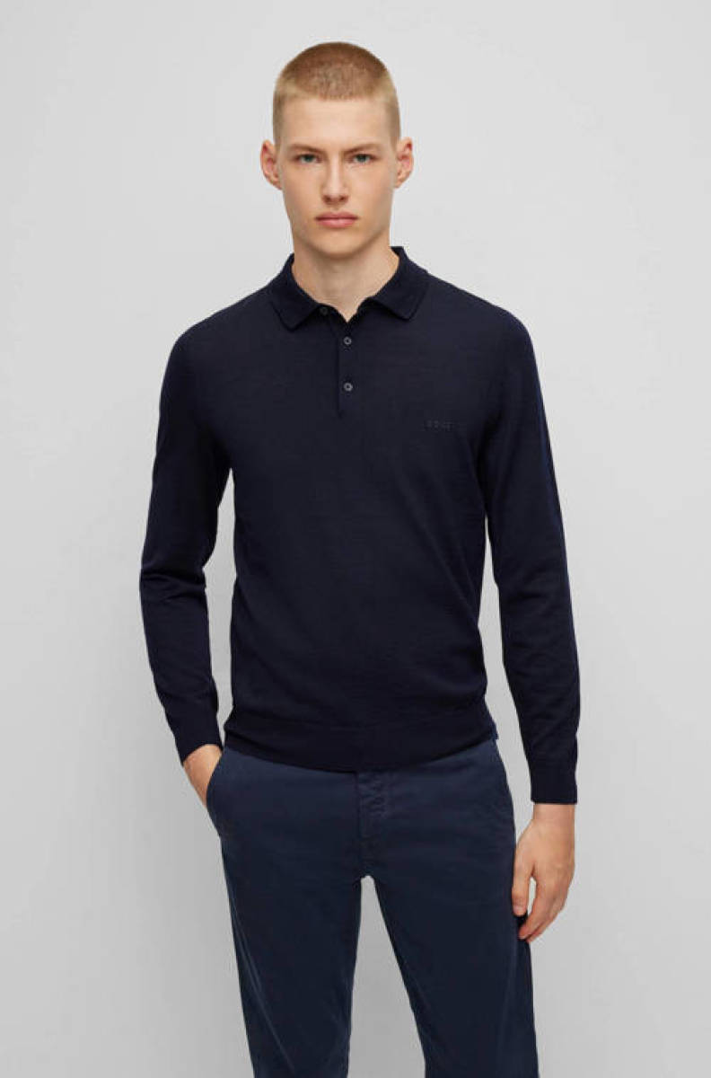 BOSS fijngebreide wollen trui Bono dark blue