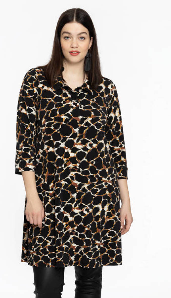 Yoek Travelstof tuniek met dierenprint en plooien zwart/bruin