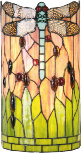 Clayre & Eef Tiffany Wandlamp Cilinder Dragonfly Blue Serie - Oranje, Groen, Multi Colour - Ijzer, Glas