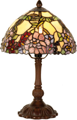 Clayre & Eef Tiffany Tafellamp Met Bloemenpatroon - Bruin, Roze, Ivory, Multi Colour - Ijzer, Glas