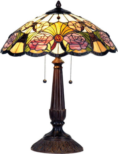 Clayre & Eef Tafellamp Tiffany Compleet ø 44x57 Cm 2x E27 Max 60w. - Bruin, Paars, Multi Colour - Ijzer, Glas