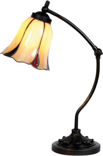 Clayre & Eef Tiffany Bureaulampje Met Kelk Glaskapje Verstelbaar - Bruin, Beige, Rood - Glas, Metaal