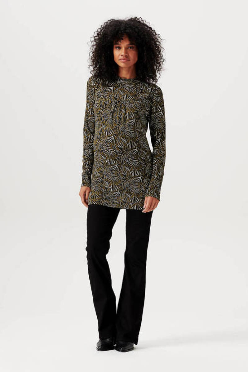 Noppies zwangerschapslongsleeve Rayne met all over print kaki/wit/zwart