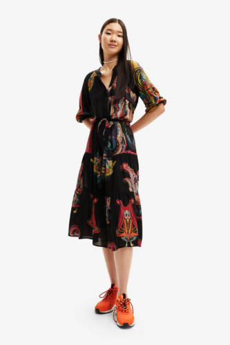 Desigual jurk met all over print en volant zwart/geel/rood/roze