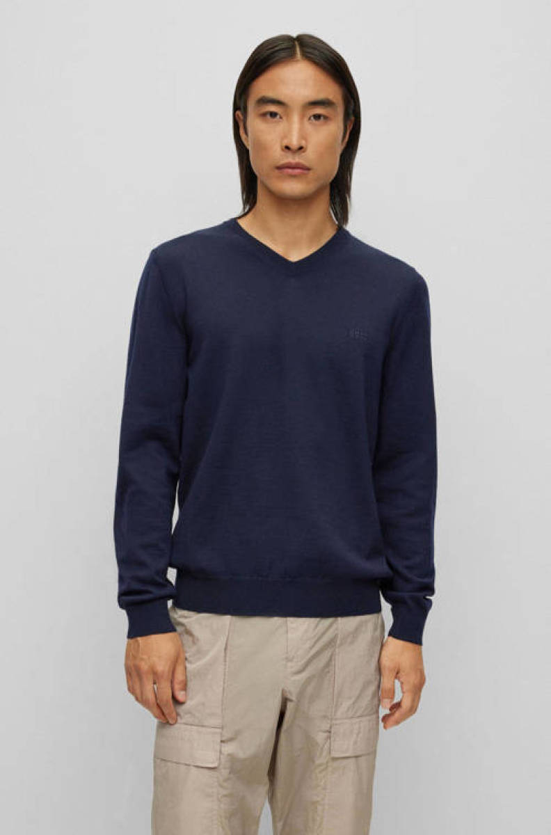 BOSS fijngebreide wollen trui Baram dark blue