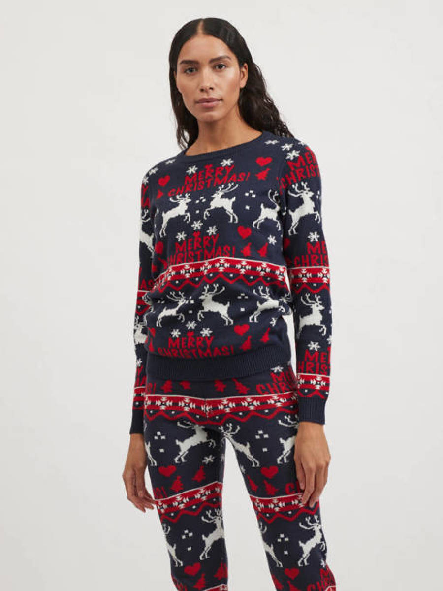 VILA trui VIANNA donkerblauw/rood/wit