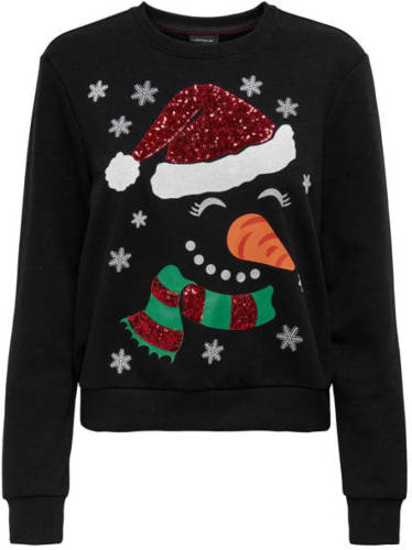 Only kerstsweater ONLYDA XMAS met printopdruk en pailletten zwart/rood/groen