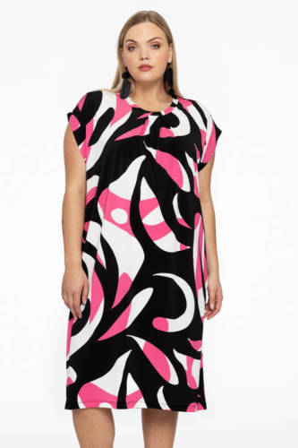 Yoek jurk met all over print zwart/wit/roze