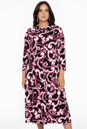 Yoek blousejurk DOLCE van travelstof met paisleyprint zwart/roze