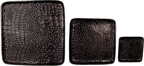 Clayre & Eef Decoratief Dienblad Set V 3 36 Cm Zwart Aluminium Vierkant Serveerschaal Zwart Serveerschaal