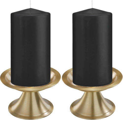 Trend Candles Set Van 2x Zwarte Cilinderkaarsen/stompkaarsen 8 X 15 Cm Met 2x Gouden Kaarsenhouders - Stompkaarsen