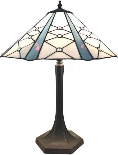 Clayre & Eef Lumilamp Tiffany Tafellamp Ø 42x54 Cm Wit Grijs Glas Zink Tiffany Bureaulamp Tiffany Lampen Glas In Lood Wit Tiffany