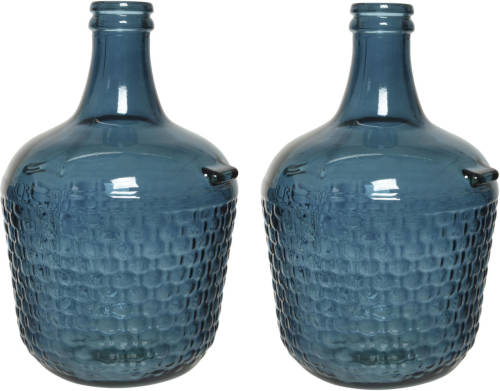 Decoris 2x Stuks Fles Vaas/bloemenvaas Recycled Glas Blauw 20 X 30 Cm