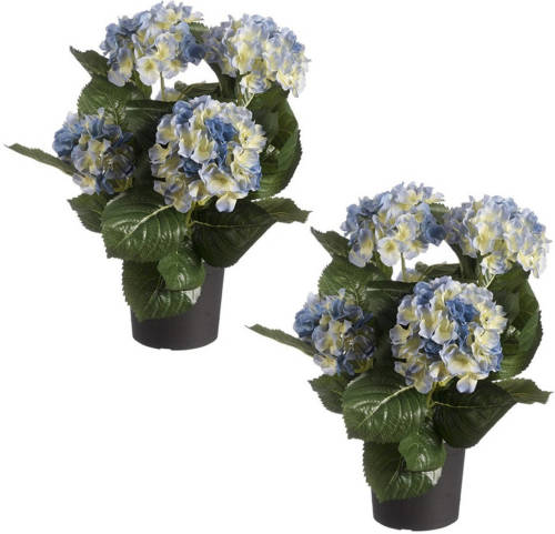 Shoppartners Set Van 2x Stuks Blauwe Hortensia Kunstplanten In Zwarte Kunststof Pot 44 Cm - Hydrangea - Woondecoratie