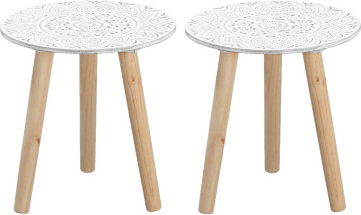 Cepewa Set Van 2x Stuks Bijzettafels Rond Hout Wit/naturel 30 X 30 Cm - Bijzettafels