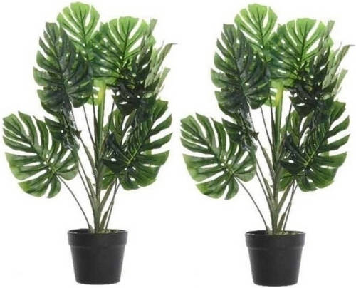 Shoppartners 2x Groene Monstera/gatenplant Kunstplant 80 Cm In Zwarte Pot - Kunstplanten