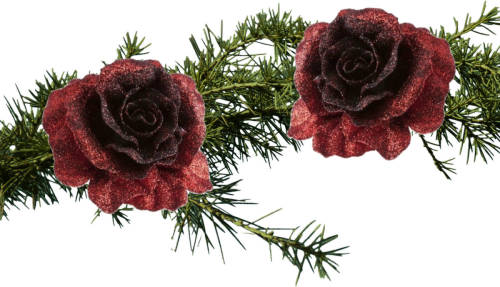 Shoppartners 2x Stuks Kerstboomversiering Bloemen Op Clip Donkerrood Glitter 10 Cm - Kunstbloemen