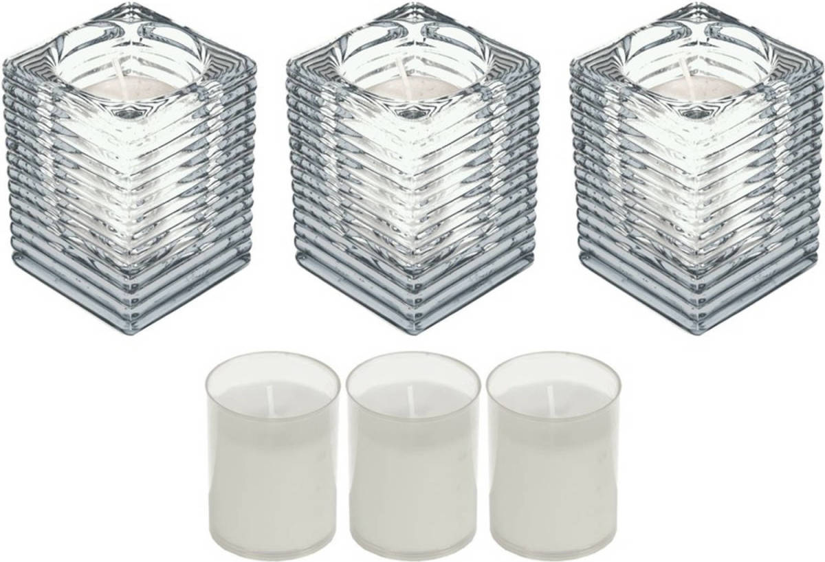 Shoppartners 3x Kaarsen Wit In Kaarsenhouders Met 3 Navullingen 7 X 10 Cm 24 Branduren Sfeerkaarsen - Stompkaarsen