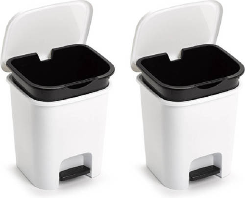 Forte Plastics Set Van 2x Stuks Witte Afvalemmers/vuilnisemmers/pedaalemmers 7.5 Liter Met Deksel En Pedaal - Prullenbakken