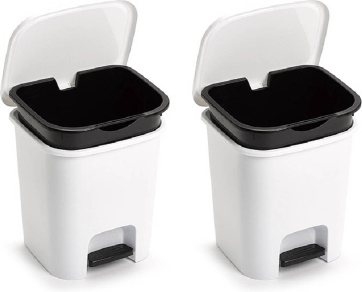 Forte Plastics Set Van 2x Stuks Witte Afvalemmers/vuilnisemmers/pedaalemmers 7.5 Liter Met Deksel En Pedaal - Prullenbakken