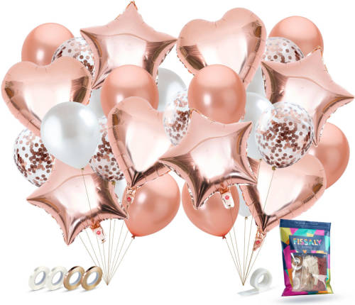 Fissaly ® 40 Stuks Rose Goud Helium Ballonnen Met Lint - Verjaardag Feest Decoratie - Papieren Confetti - Roze Gold Latex