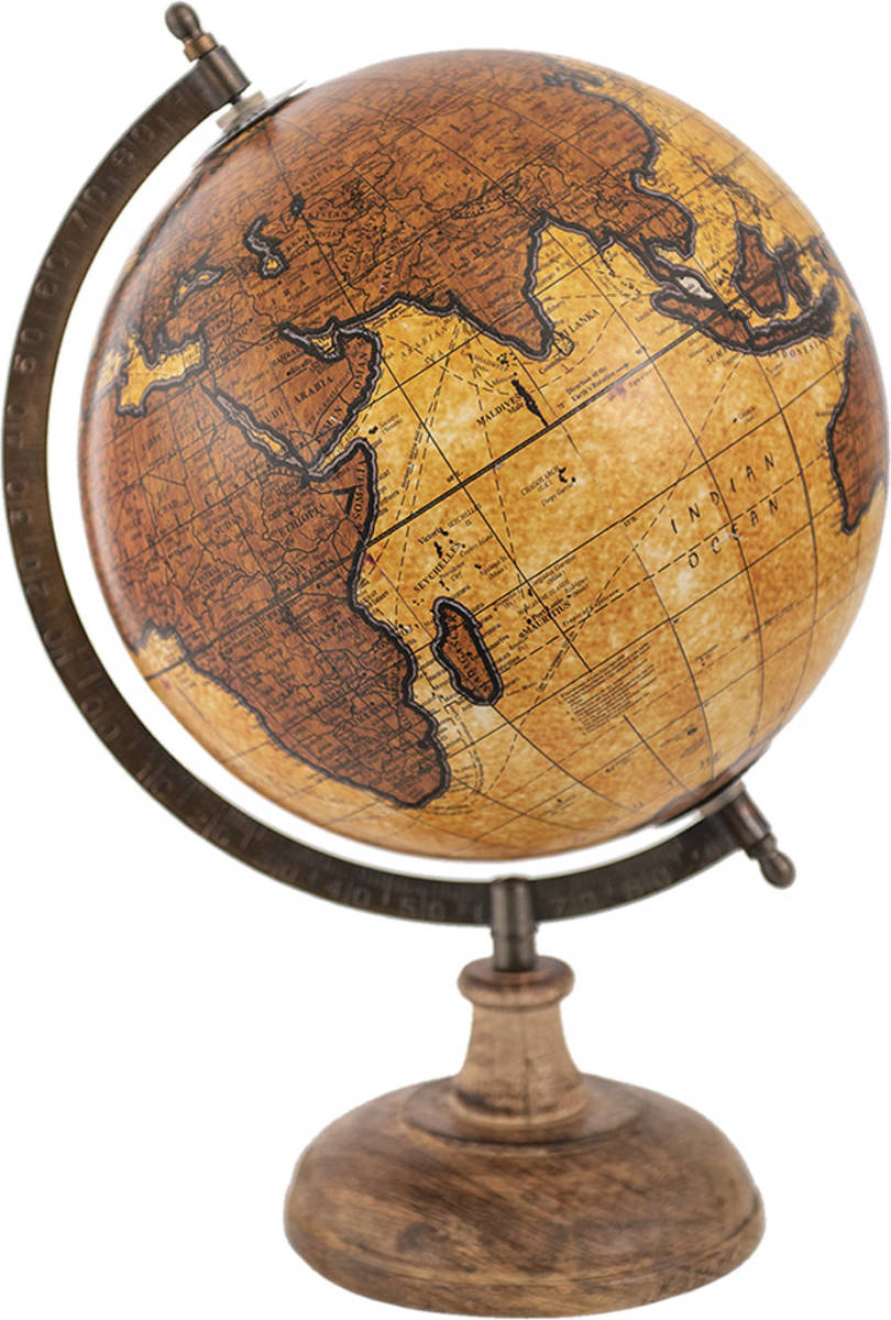 Clayre & Eef Wereldbol 22x37 Cm Bruin Beige Hout Metaal Globe Aardbol Woonaccessoires Bruin Globe Aardbol