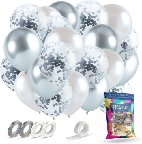 Fissaly ® 40 Stuks Zilver, Wit & Zilveren Papieren Confetti Helium Latex Ballonnen Met Accessoires - Metallic Chrome