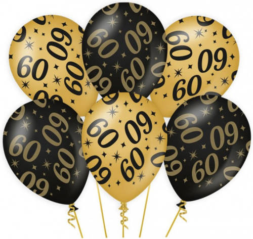 Shoppartners 6x Stuks Leeftijd Verjaardag Feest Ballonnen 60 Jaar Geworden Zwart/goud 30 Cm - Ballonnen