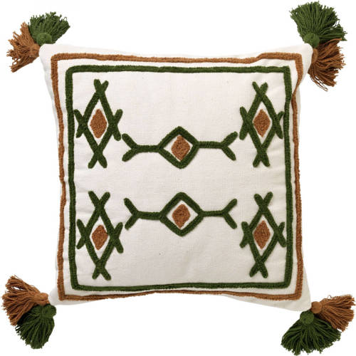 Dutch Decor - Zita - Sierkussen Katoen 45x45 Cm - Chive - Groen / Wit / Bruin - Kussen Met Flosjes