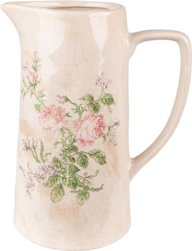 Clayre & Eef Decoratieve Schenkkan 21x15x25 Cm Roze Beige Keramiek Bloemen Waterkan Kan Roze Waterkan Kan