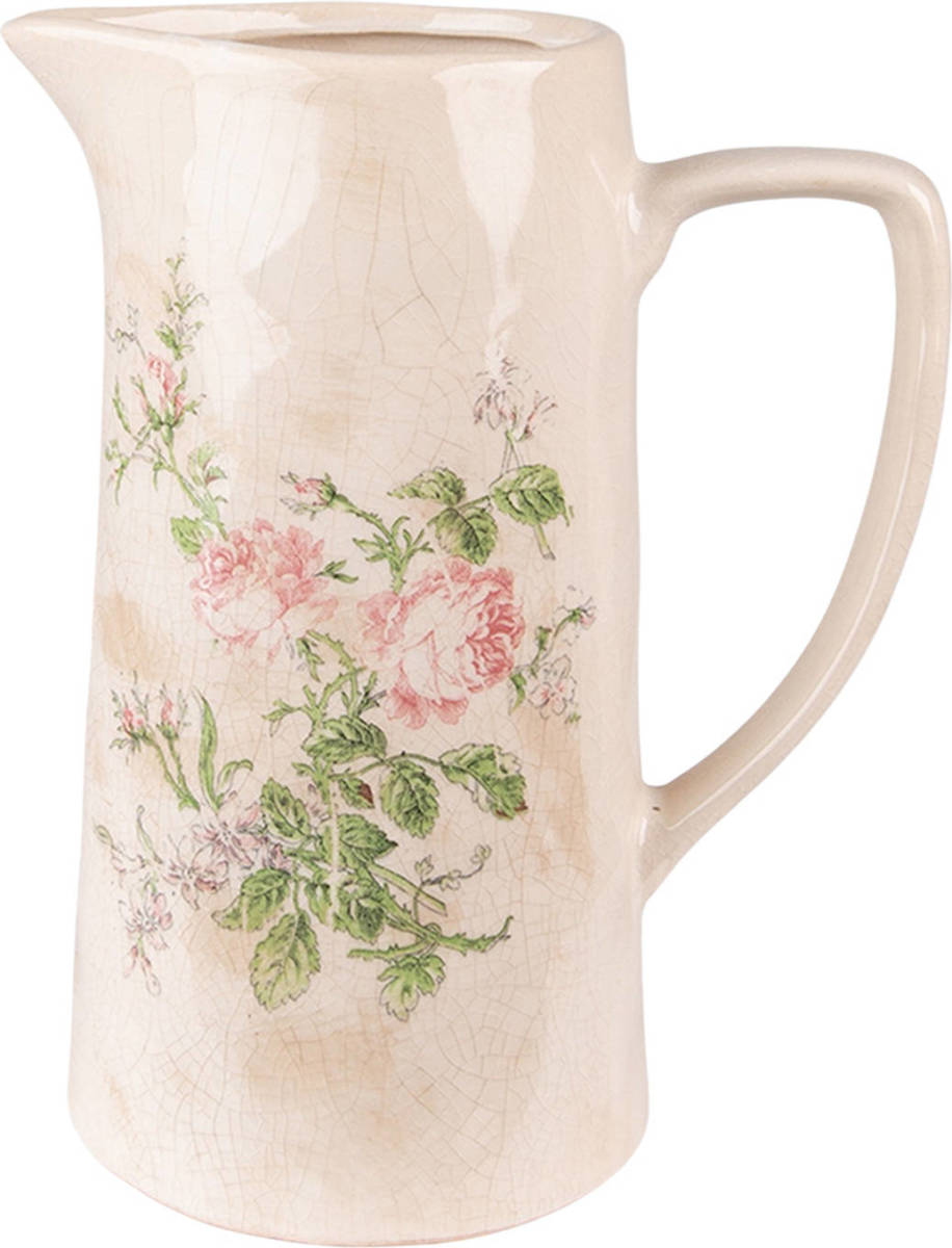 Clayre & Eef Decoratieve Schenkkan 21x15x25 Cm Roze Beige Keramiek Bloemen Waterkan Kan Roze Waterkan Kan