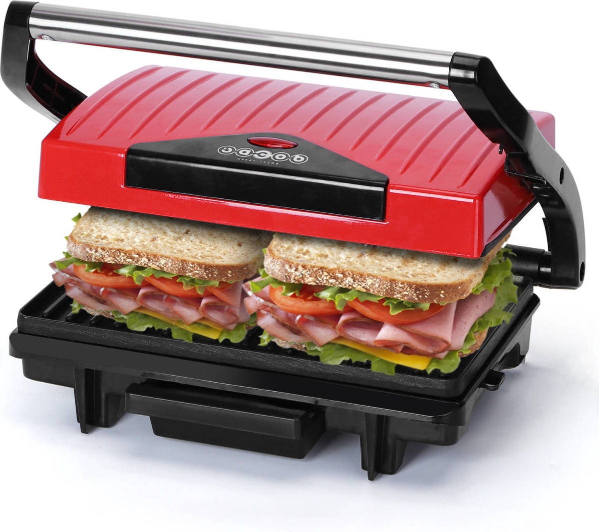 Great Jacob - Contactgrill - Panini Grill - Anti-aanbaklaag - Zwevende Bovenplaat - 1500w - Rvs/red - Gloria 30zei