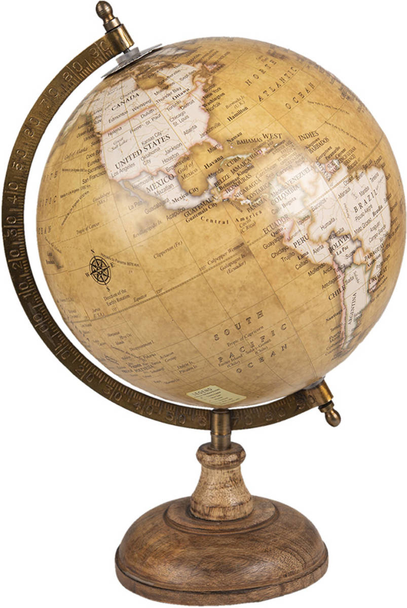 Clayre & Eef Wereldbol Ø 22x37 Cm Geel Hout Ijzer Globe Aardbol Woonaccessoires Geel Globe Aardbol
