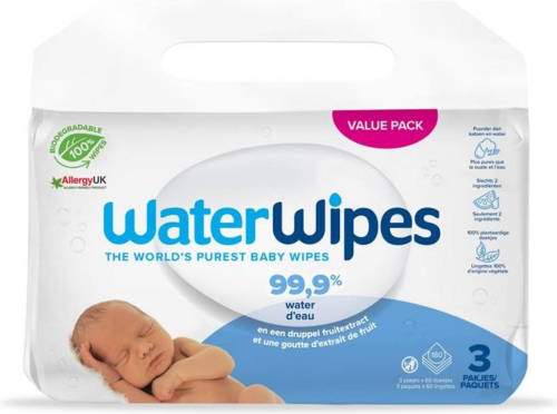 WaterWipes - Billendoekjes - Gevoelige Huid - 3 X 60 Stuks - Plasticvrij