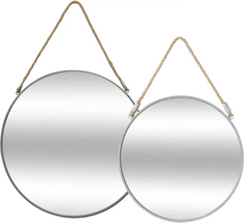 Atmosphera Set Van 2x Spiegels/wandspiegels Rond Metaal Grijs Met Touw - Spiegels