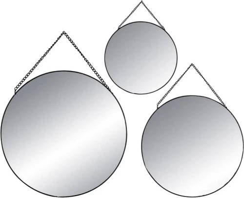 Atmosphera Set Van 3x Spiegels/wandspiegels Rond Metaal Zwart Met Ketting - Spiegels