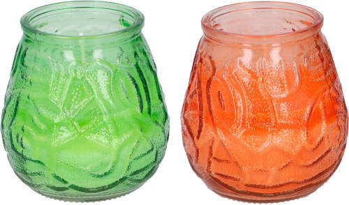 Arti Casa 4x Stuks Citronella Lowboy Tafelkaarsen 10 Cm Oranje En Groen Glas - Geurkaarsen