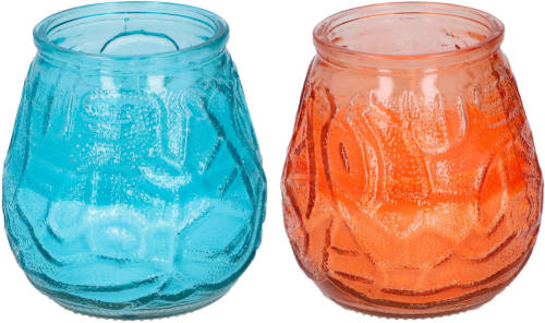 Arti Casa 4x Stuks Citronella Lowboy Tafelkaarsen 10 Cm Oranje En Blauw Glas - Geurkaarsen