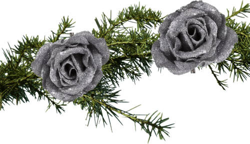 Shoppartners 2x Stuks Kerstboomversiering Bloemen Op Clip Zilver En Besneeuwd 9 Cm - Kunstbloemen