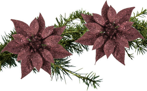 Shoppartners 2x Stuks Kerstboom Decoratie Bloemen Donkerrood Glitter Op Clip 18 Cm - Kunstbloemen