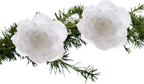 Decoris 2x Stuks Kerstboom Decoratie Bloemen Wit 14 Cm - Kunstbloemen