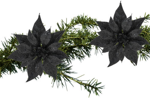 Shoppartners 2x Stuks Kerstboom Decoratie Bloemen Zwart Glitter Op Clip 18 Cm - Kunstbloemen