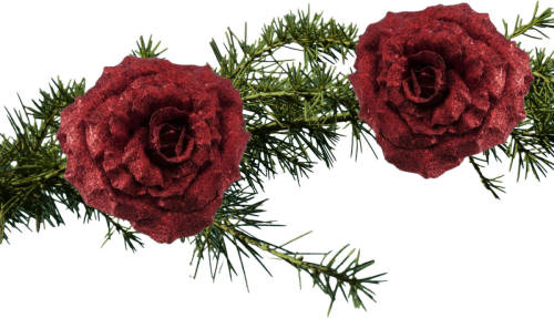 Shoppartners 2x Stuks Kerstboomversiering Bloem Op Clip Rode Glitter Roos 18 Cm - Kunstbloemen